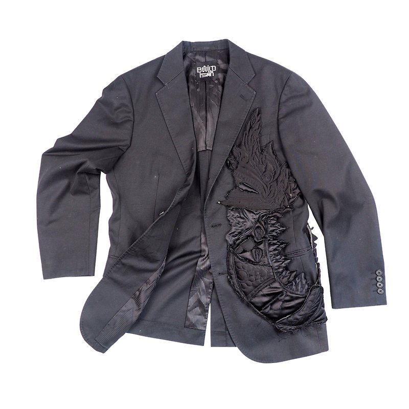 เบลเซอร์สีดำ ปักลายพญานาค Upcycled Patchwork - เสื้อสูท/เสื้อคลุมยาว - งานปัก สีดำ