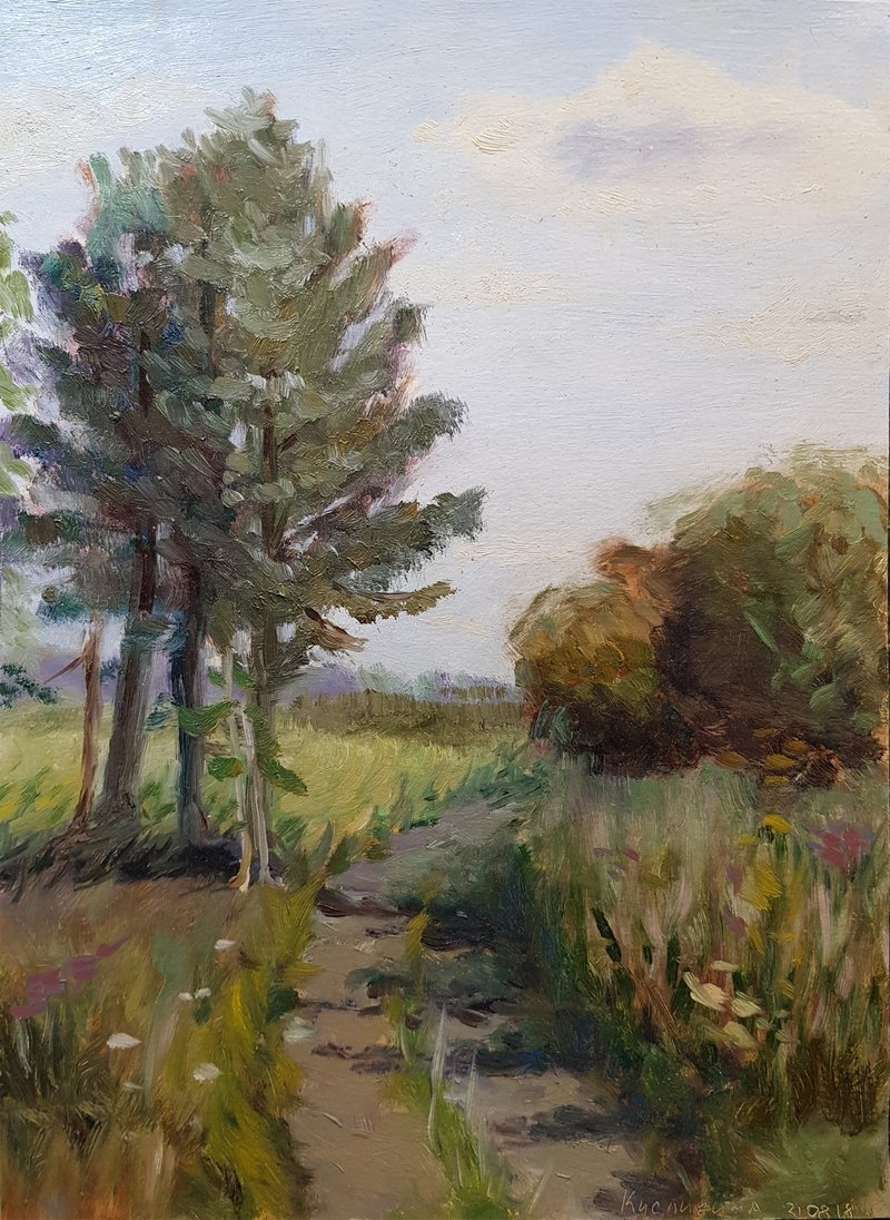 Pine Tree Painting Landscape Original Art Forest Artwork Plein Air Oil Painting - ตกแต่งผนัง - วัสดุอื่นๆ สีเขียว