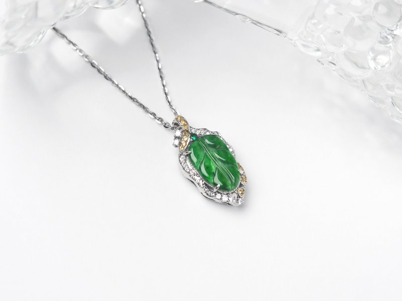 Golden branches and jade leaves | Ice sun green jade leaves | Natural A-grade jade necklace - Necklaces - Jade Green