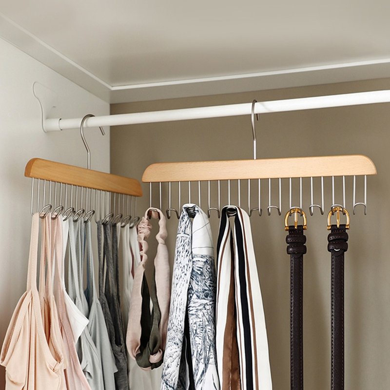 【日本霜山】木質多功能掛勾衣架/背心收納掛架(11鉤)-3入 - 衣架/衣帽架/掛勾 - 木頭 黃色