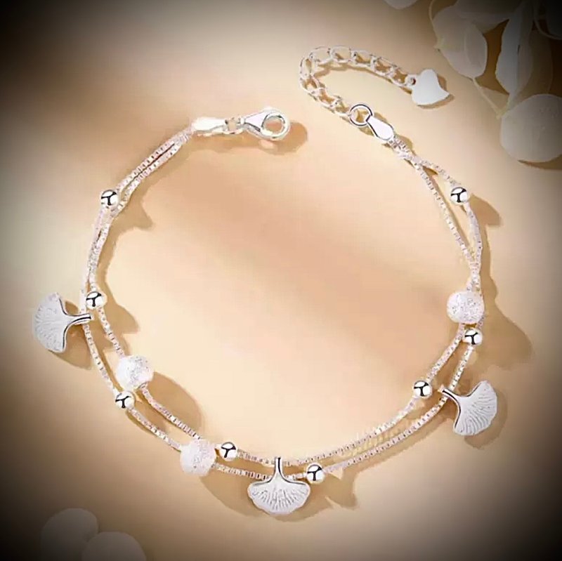 C&W s925 sterling silver temperament small fresh layered ginkgo pendant temperament bracelet bracelet - สร้อยข้อมือ - เงินแท้ สีเงิน