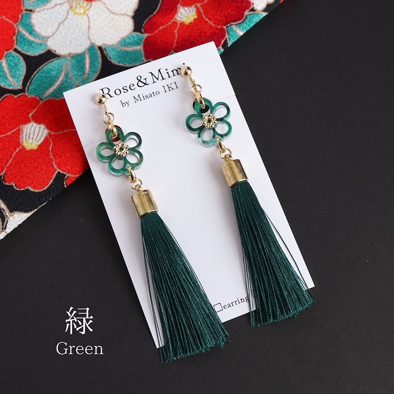 Flower lover knot tassel Clip-On& pierced earrings (green) - ต่างหู - อะคริลิค สีเขียว