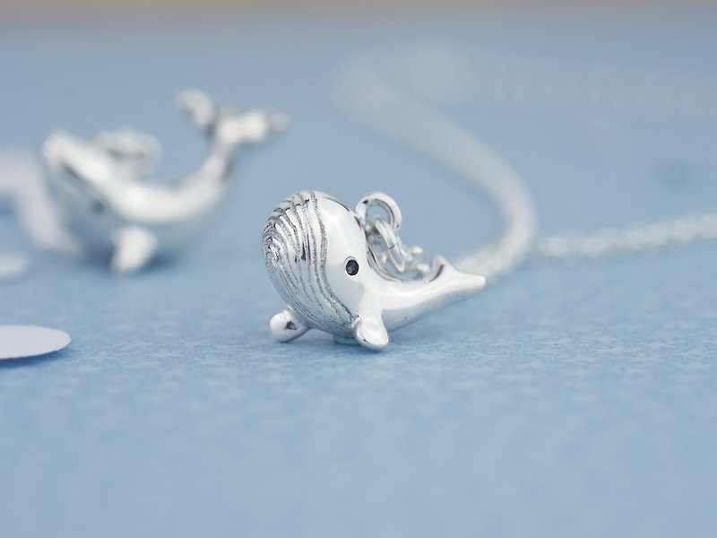 Round head whale, s925 sterling silver necklace, cute animal necklace - สร้อยคอ - เงินแท้ สีเงิน