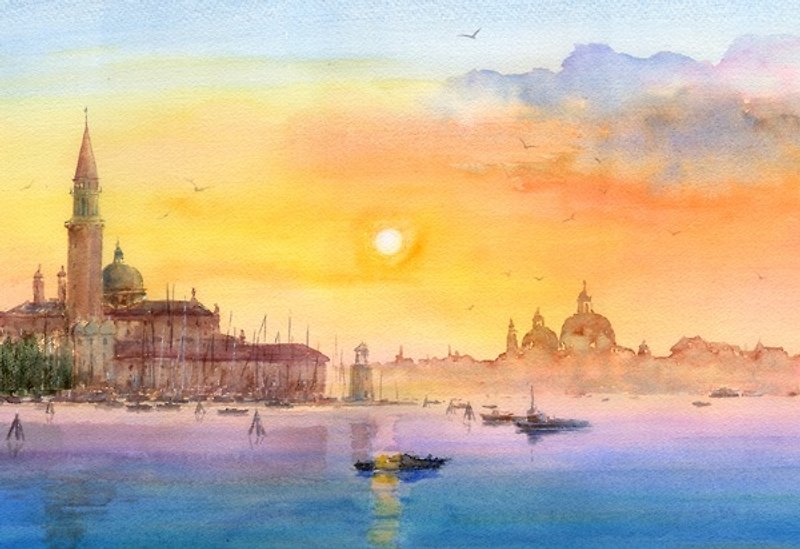 Watercolor painting Venice sunset - โปสเตอร์ - กระดาษ สีส้ม
