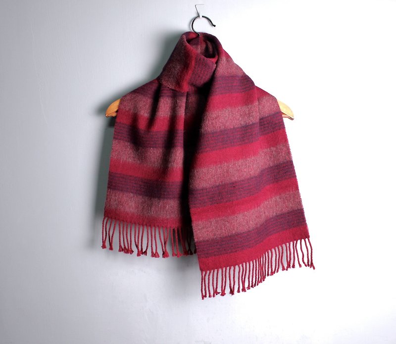 FOAK古著 酒紅條紋軟綿綿雙面圍巾 - 圍巾/披肩 - 其他材質 