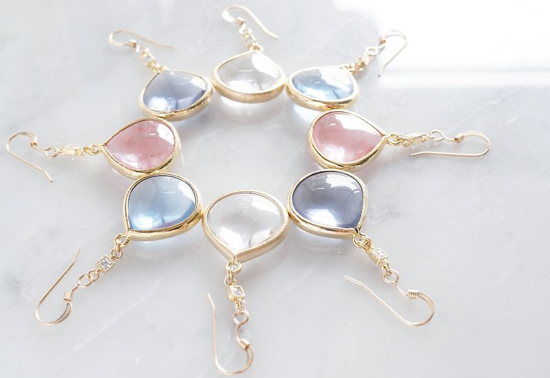[14KGF] Glossy Teardrop Glass, CZ Earrings - Earrings & Clip-ons - Glass Gold