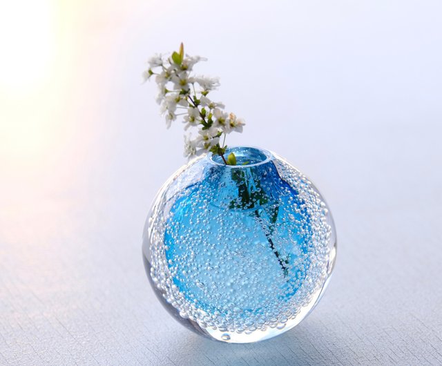 泡の一輪挿し トルコブルー - ショップ あしたば硝子工房 花瓶
