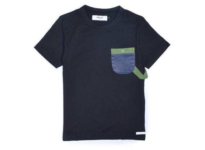 oqLiq  - アーバンナイト - ポケットワークニットTシャツ（ブラック）L - Tシャツ メンズ - コットン・麻 ブラック