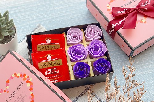幸福朵朵 婚禮小物 花束禮物 唐寧英倫茶包2入+6朵玫瑰香皂花禮盒–紫色