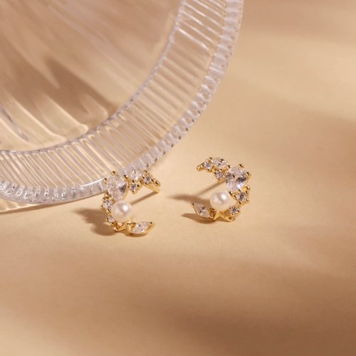 Miagoldjewel s925銀鑲鋯石法式浪漫月亮珍珠耳釘耳飾 可戴睡覺 易扣耳釘