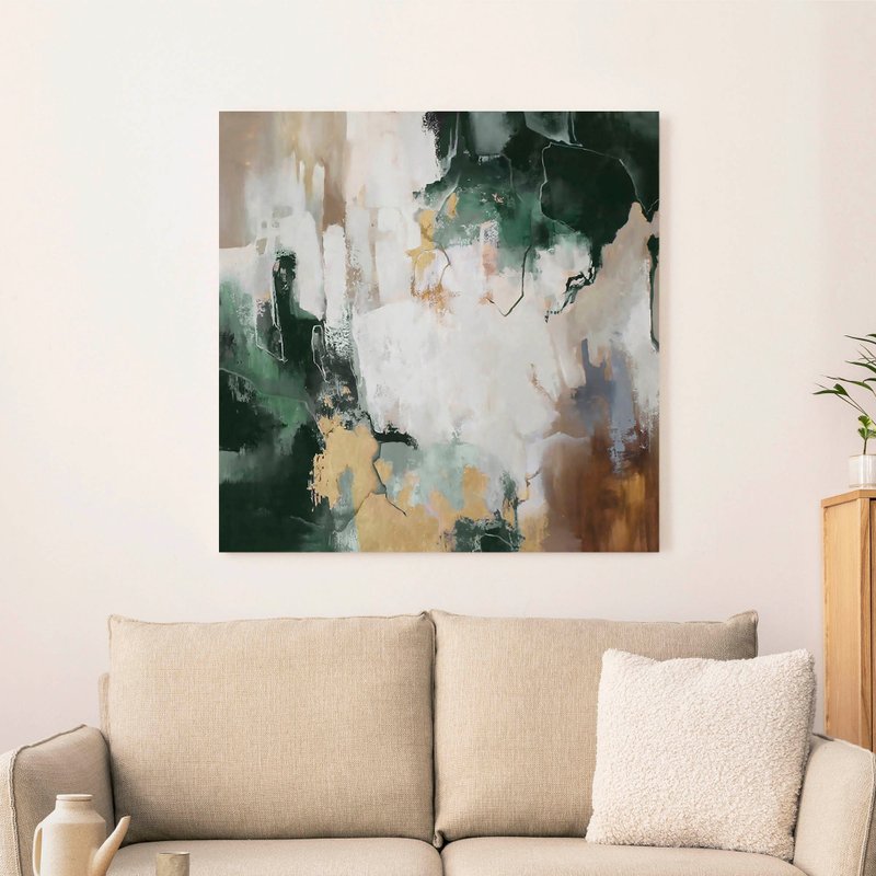 Green abstract painting on canvas | Abstract green gold large art | Green Flood - 壁貼/牆壁裝飾 - 棉．麻 綠色