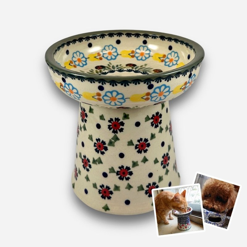 波蘭手繪手工陶-寵物碗 高腳碗 貓咪/小型犬適用 14cm - 寵物碗/碗架/自動餵食器 - 陶 多色