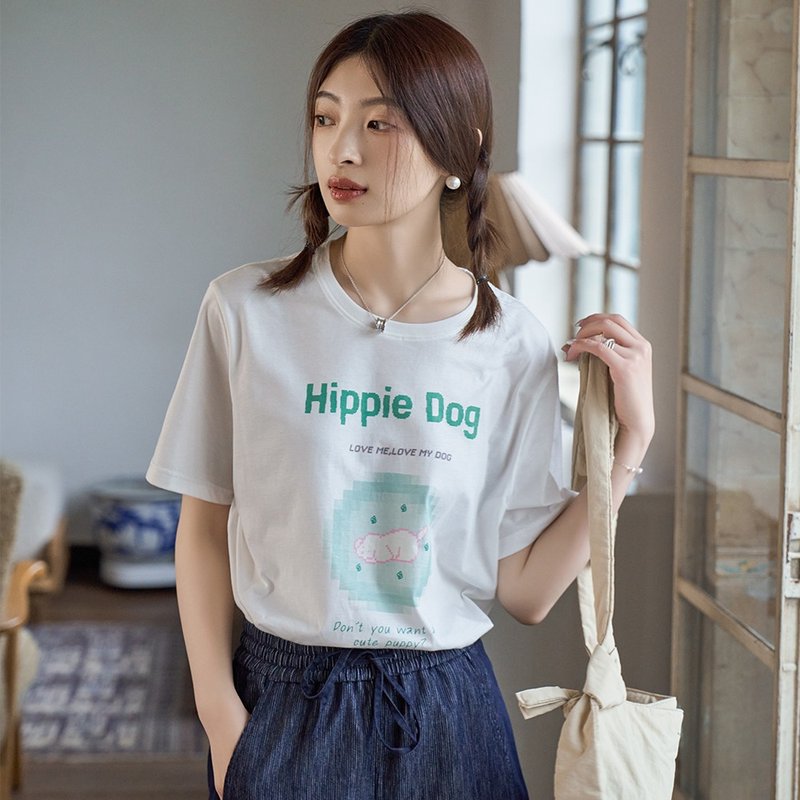 Pixel puppy print T-shirt | T-shirt | Summer style | Sora-1504 - Women's T-Shirts - Cotton & Hemp White