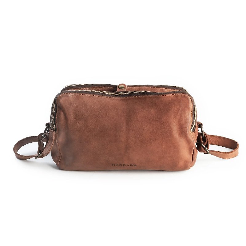 German harolds vegetable tanned leather Triple side backpack/crossbody bag/brown - กระเป๋าแมสเซนเจอร์ - หนังแท้ สีนำ้ตาล