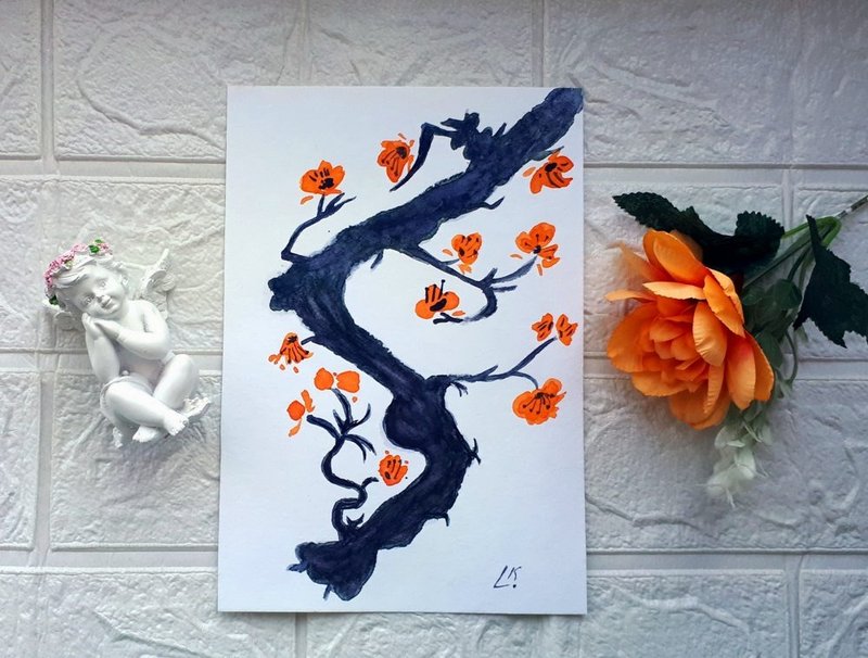 Old Peach  Tree Japanese Style Watercolor Painting,   Asian Blossoms, Beauty - 壁貼/牆壁裝飾 - 紙 多色