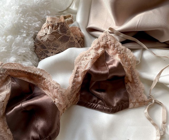 Set of satin lace with lining (bra + panties) beige brown - Shop  brababa-lace Women's Underwear - Pinkoi