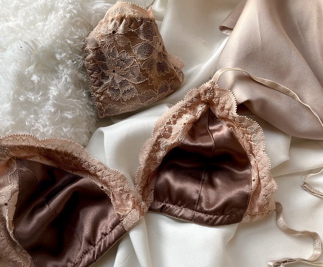 Set of satin lace with lining (bra + panties) beige brown