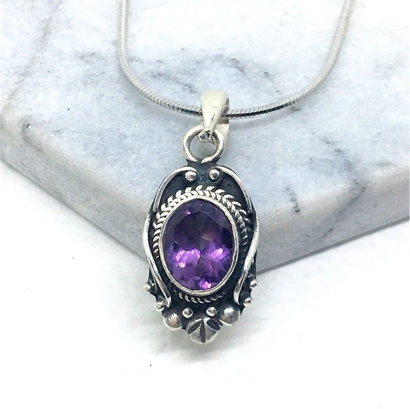 紫水晶925純銀復古魔鏡風格項鍊 尼泊爾手工鑲嵌製作 - 項鍊 - 寶石 紫色