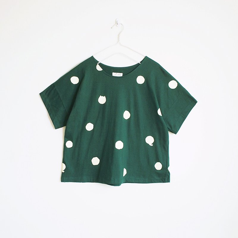 polka dot cat crop t-shirt : green - 女上衣/長袖上衣 - 棉．麻 綠色