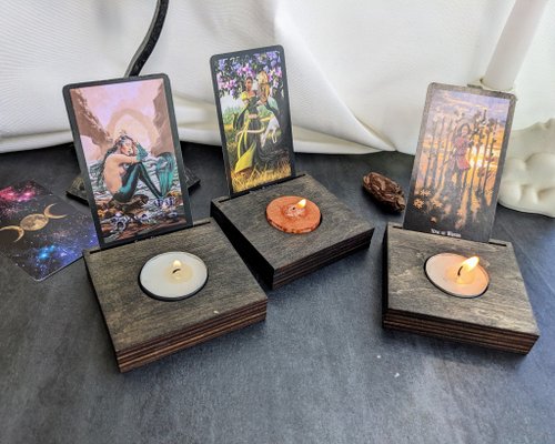WoodskaStudio Set of 3 Black candle holders with tarot card display.