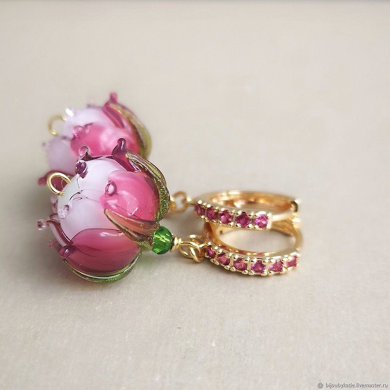 Gold Drops Lampwork Earrings, gold dangle teardrop earrings, gold drop earrings - Earrings & Clip-ons - Plants & Flowers Pink