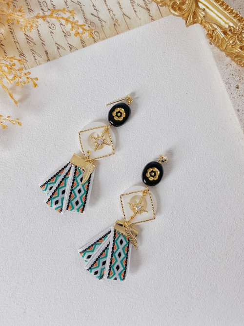 CUPIDO JEWELRY 星星刺繡織帶流蘇耳環耳夾 民族風手作設計款 防敏耳針