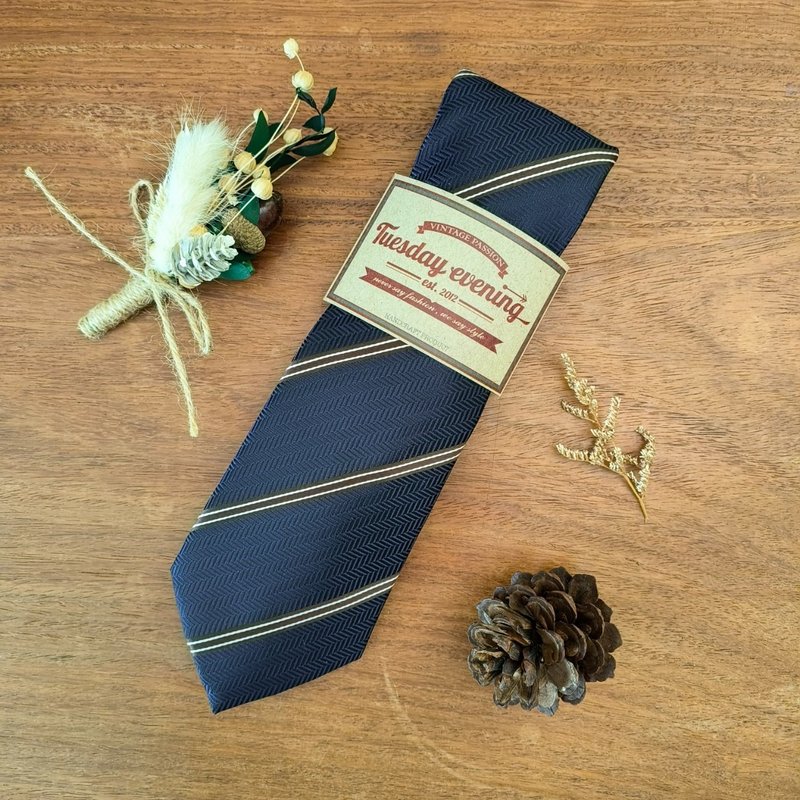 Necktie Dark Navy with Coffee Brown Stripe | 8cm - 領帶/領帶夾 - 聚酯纖維 藍色