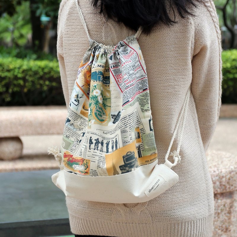 Drawstring Backpack/Drawling Bag/Drawling Pocket~ Newspaper (B52) - กระเป๋าหูรูด - ผ้าฝ้าย/ผ้าลินิน หลากหลายสี