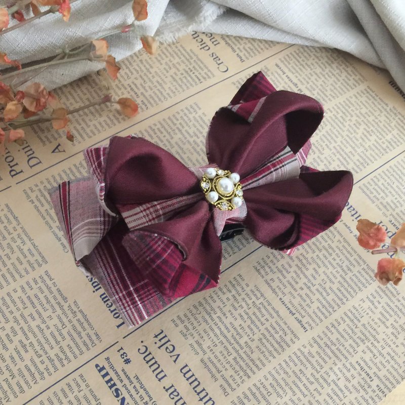 酒紅/ 格紋多層立體蝴蝶結香蕉夾 鯊魚夾 彈簧夾 包頭壓夾 馬尾夾 - 髮夾/髮圈 - 其他材質 紅色