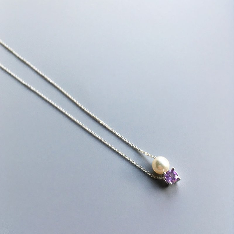K10YG/SV925 Amethyst Necklace, February Birthstone, Akoya Pearl Dainty Necklace - 項鍊 - 珍珠 紫色