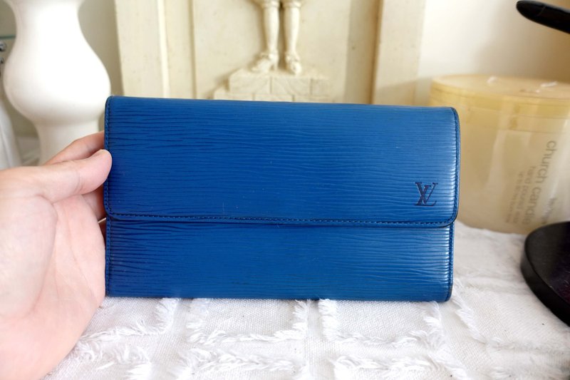 法國名牌LOUIS VUITTON LV中古優質 藍色竹節紋真皮三摺錢包銀包 - 錢包/皮夾/長短夾 - 真皮 藍色