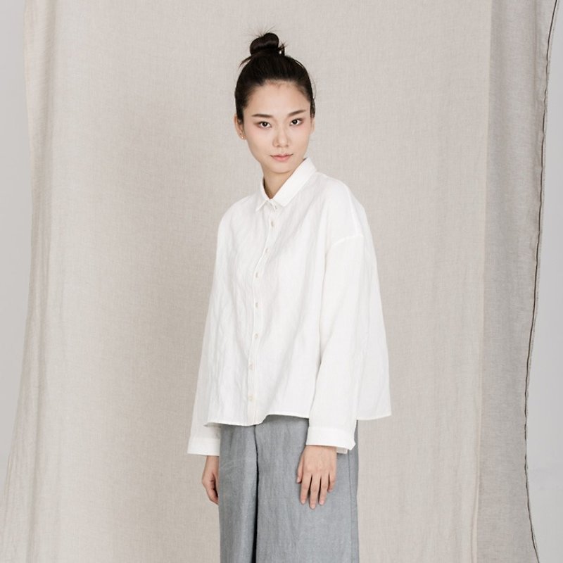 BUFU Linen jacquard ovesized shirt in white SH161016 - เสื้อเชิ้ตผู้หญิง - กระดาษ ขาว