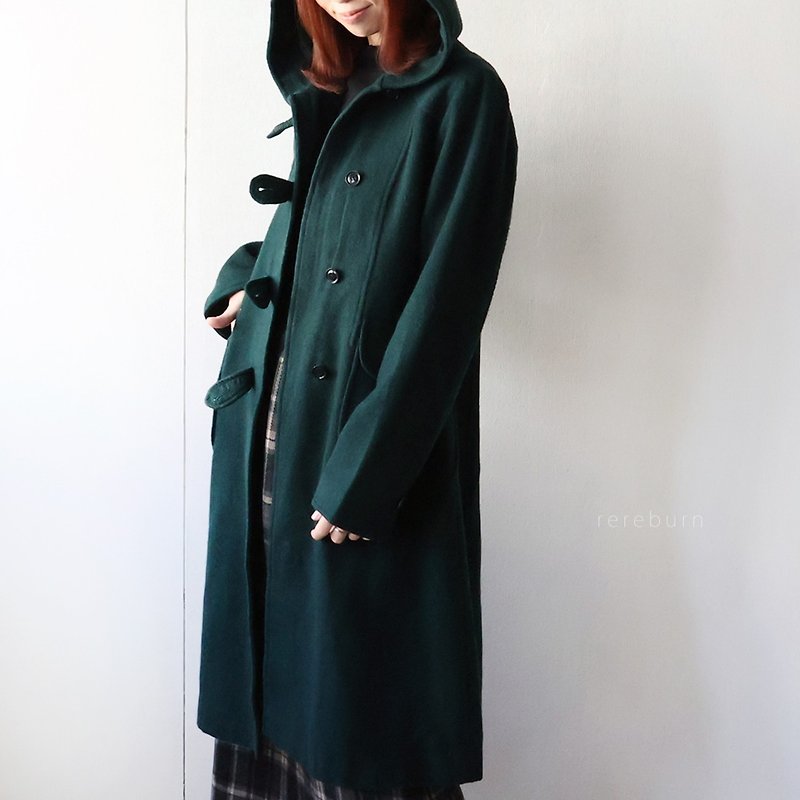 Winter retro Japanese hooded forest green modern second-hand thin wool vintage coat jacket - เสื้อแจ็คเก็ต - ขนแกะ สีเขียว
