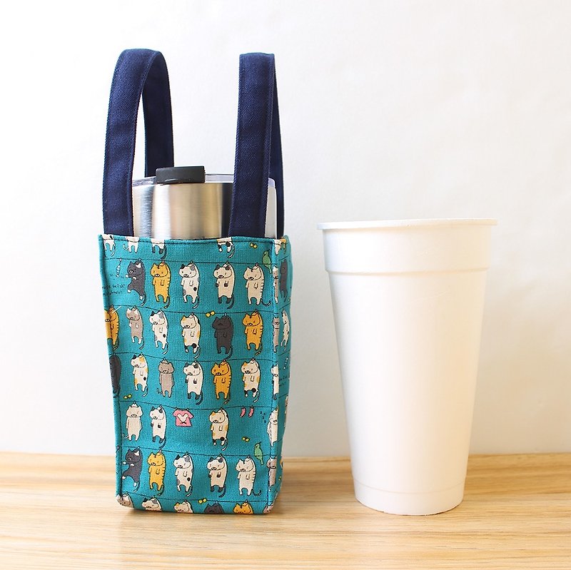 Sun cats drink bag (large) Green Cup bag wave Cup Cup bag - ถุงใส่กระติกนำ้ - ผ้าฝ้าย/ผ้าลินิน สีน้ำเงิน