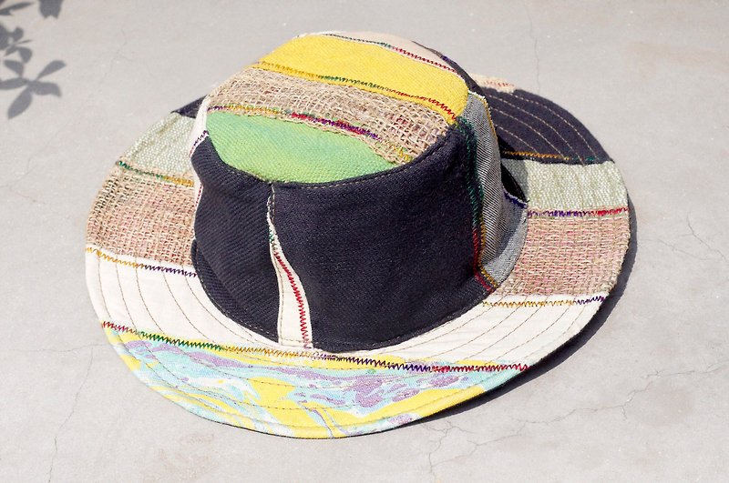 手織りの綿リネン帽子/ニット帽子/帽子/ウールキャップのエスニックモザイク-黄色のレンダリング+手織りの綿リネン（1つ限定） - 帽子 - コットン・麻 多色