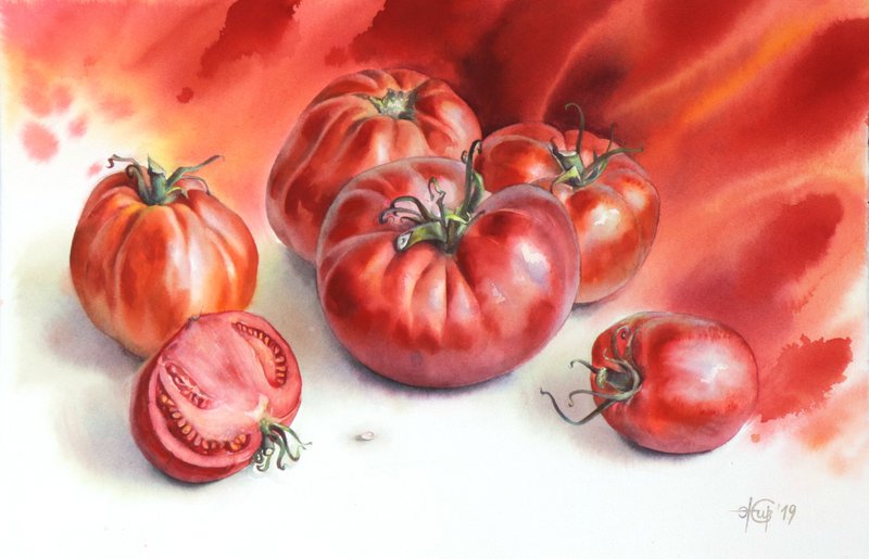 Tomato wall art original watercolor painting by artist Irina Zhunaeva - 壁貼/牆壁裝飾 - 紙 紅色