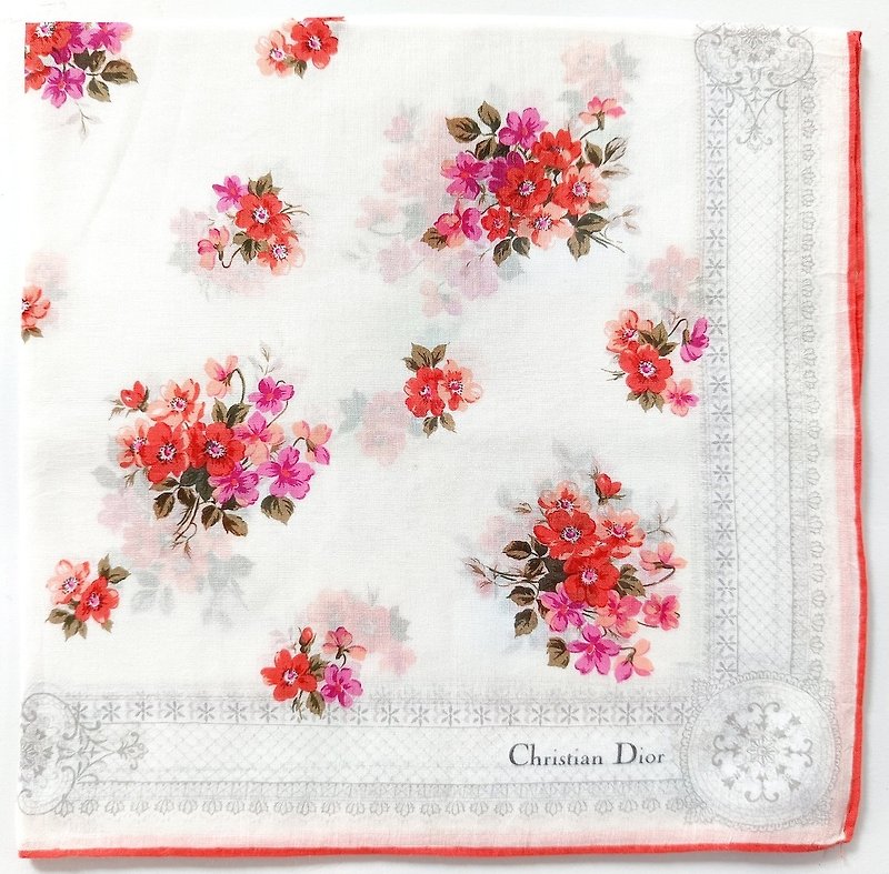 Christian Dior Vintage Handkerchief Pocket Square Floral 19 x 18.5 inches - 手帕 - 棉．麻 紅色