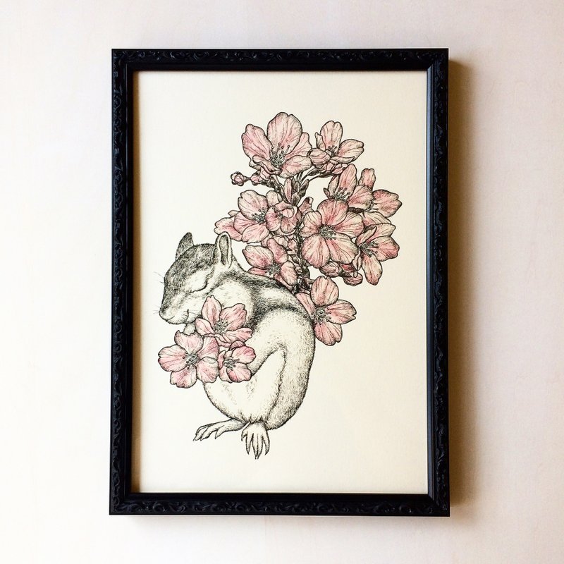 A4 Cherry Blossom Squirrel Art print - โปสเตอร์ - กระดาษ สึชมพู