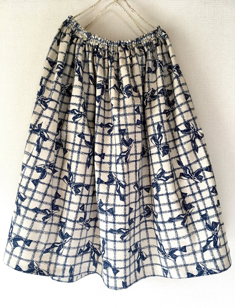 Ribbon pattern long skirt blue - Skirts - Cotton & Hemp Blue
