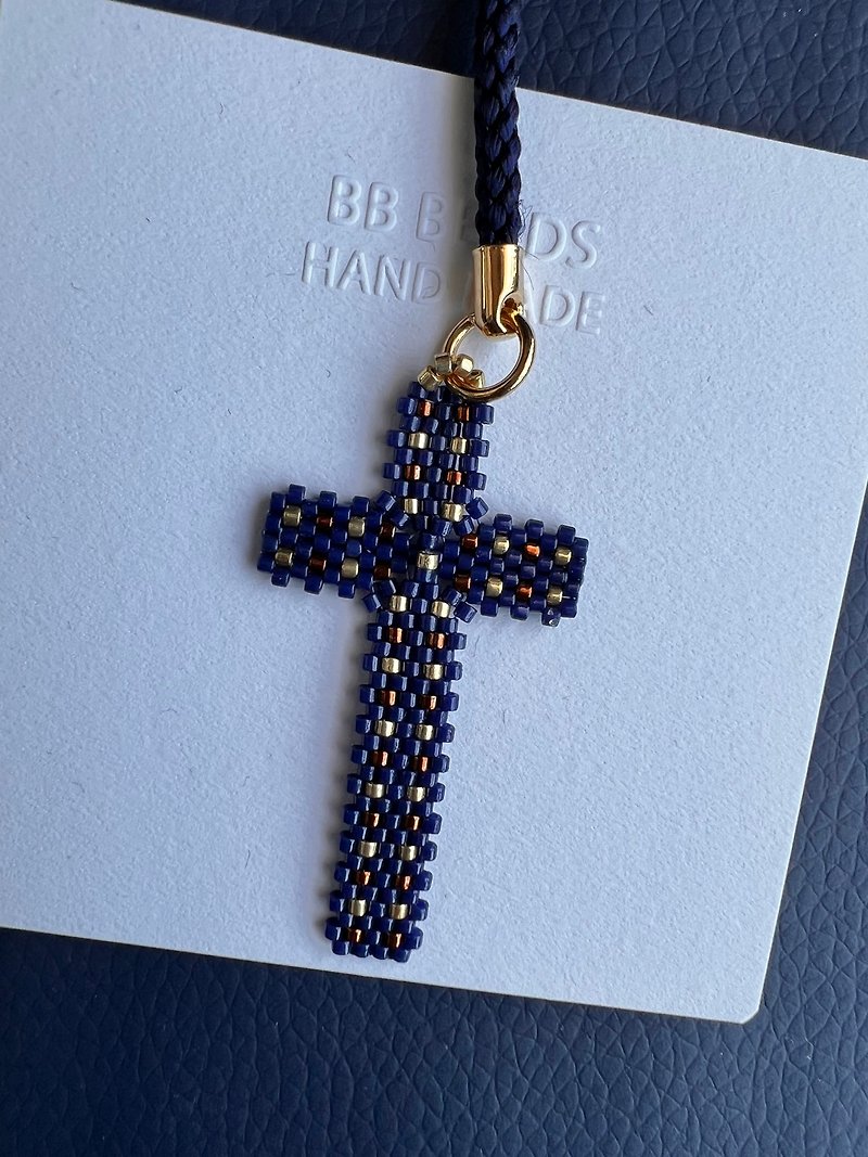 Miyuki Beads Cross Charm l Navy & Gold Color - Charms - Other Materials Blue