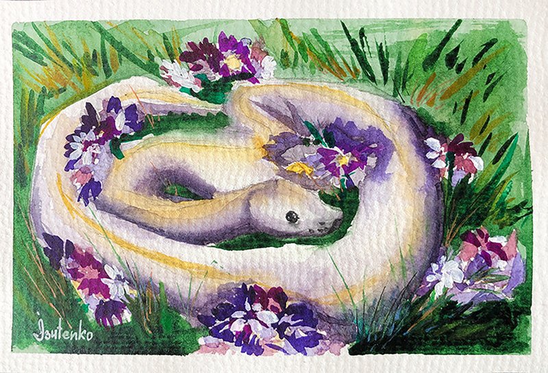 White Snake Painting Floral Original Art Boa Watercolor Artwork Python Wall Art - 海報/掛畫/掛布 - 紙 綠色