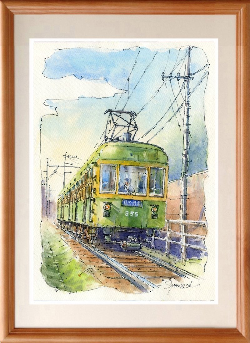Original watercolor painting The popular Enoden train - โปสเตอร์ - กระดาษ สีเขียว