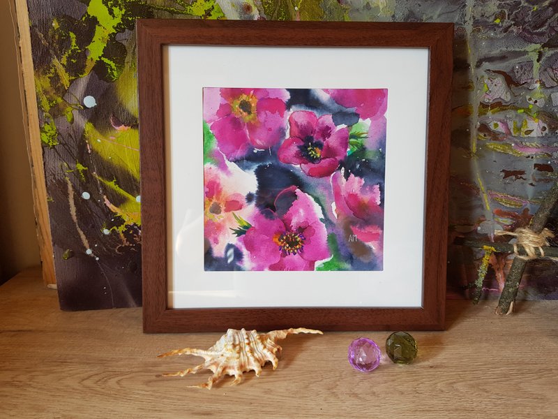 Original Anemone flower artwork hand painted  mixed technique framed - 壁貼/牆壁裝飾 - 其他材質 