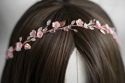 Kamael Shine Blush flower crystal hair wreath, Bridal pink long halo, Boho rose gold wedding