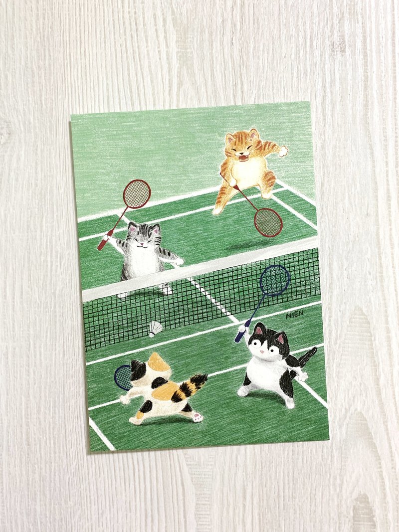 Cats playing badminton - postcard - การ์ด/โปสการ์ด - กระดาษ สีเขียว