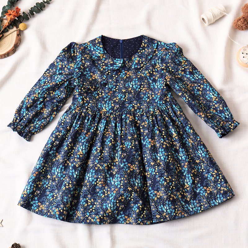 【售完不補】繽紛小花園雙層裙襬洋裝 – 畫家與燈籠花 - 童裝裙 - 棉．麻 藍色