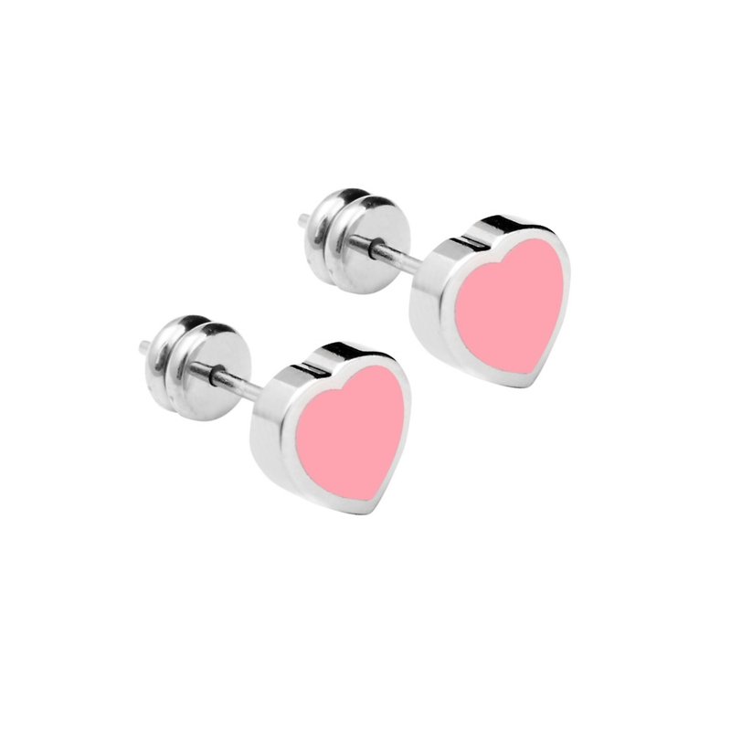 Pure Titanium Earrings with enamel (heart)-pink - Earrings & Clip-ons - Other Metals Pink