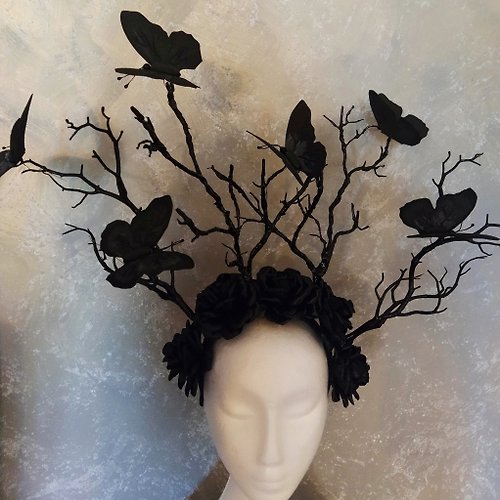 LepotaAccessories Black flower crown butterfly Dark fairy Gothic headpiece Branches halo cosplay