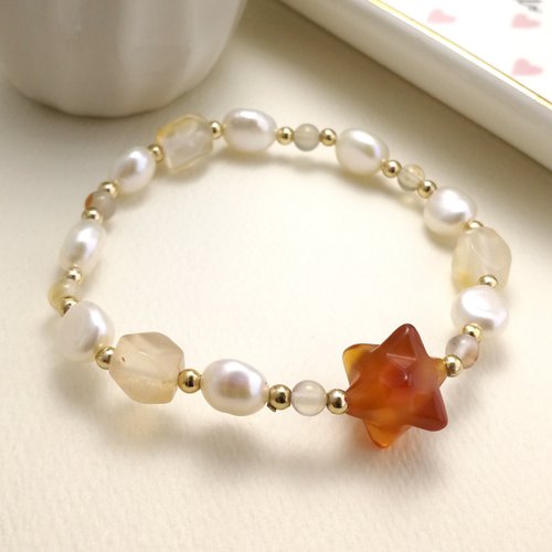 Bridal Secret Jewelry 七月生日石-許願流星紅玉髓配養殖淡水珍珠彈性手鍊