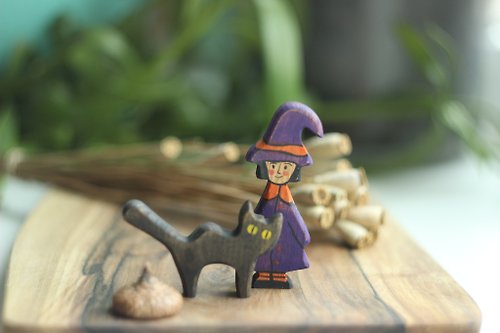 Oshkin _Wooden_Craft Wooden gnome Witch and black cat. Wooden dolls. Wooden fairytale toys.